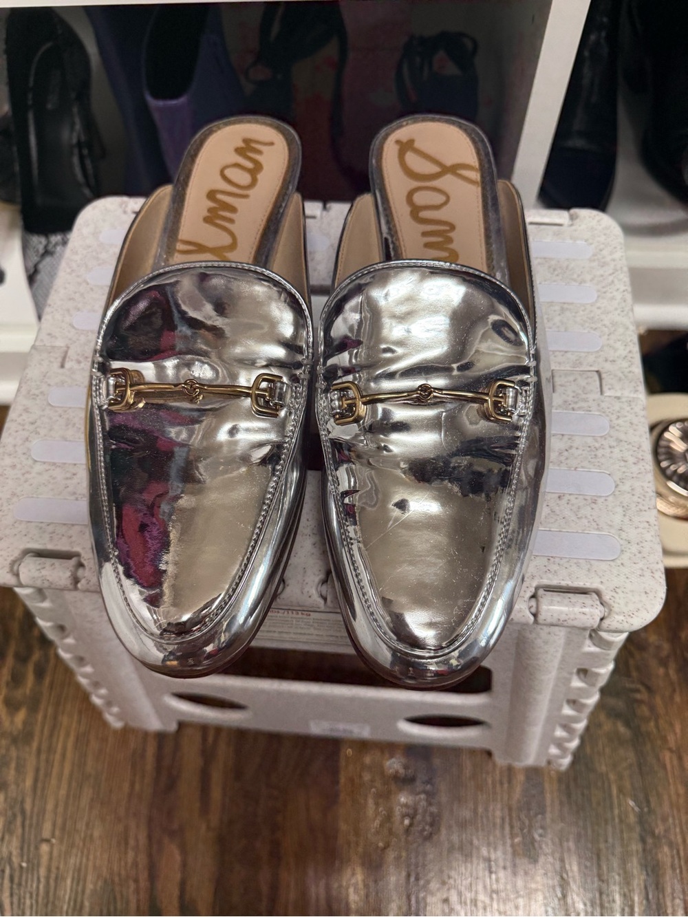 Sam Edelman Silver Metallic Backless Loafer Mules with Gold Bit
